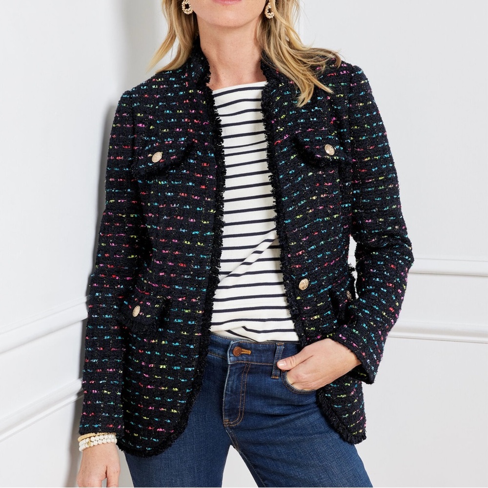 Talbots Midnight Sparkle Rainbow Tweed Jacket Navy Blue Multi Size 14